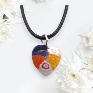 Murano Glass Heart Pendant, Millefiori Heart Pendant Necklace, Handmade Heart, Glass Pendant, Dainty Tiny Heart 14mm/1.4cm  (MHT8)