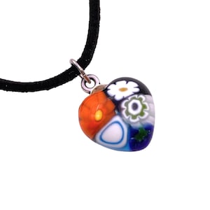 Glass Heart Pendant made using Millefiori Glass Flower Pieces, Murano Millefiori Heart Pendant with Necklace, Dainty 13mm/1.3cm