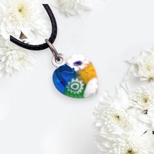 Glass Heart Pendant made using Millefiori Glass Flower Pieces, Murano Millefiori Heart Pendant with Necklace, Dainty 13mm/1.3cm (MHT2)