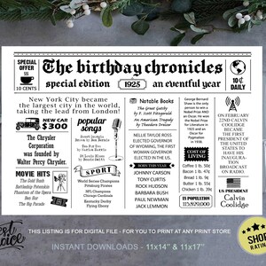 Tablemat 100th birthday - Newspaper fun facts 1925 tablemat - INSTANT DOWNLOAD