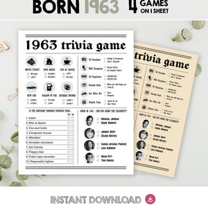 Trivia 62nd Birthday Party Games Printables - Trivia Games Born 1963 - INSTANT DOWNLOAD