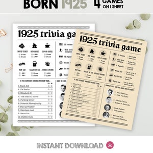 100th Birthday Party Games Printables - Trivia Games Born 1925 - INSTANT DOWNLOAD