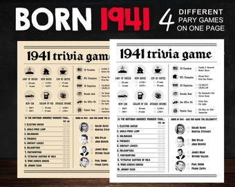 84th Birthday Party Games Printables - Trivia Games Born 1941 - INSTANT DOWNLOAD