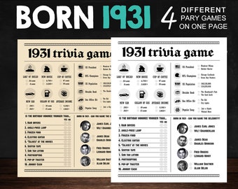 93rd Birthday Party Games Printables - Trivia Games Born 1931 - INSTANT DOWNLOAD