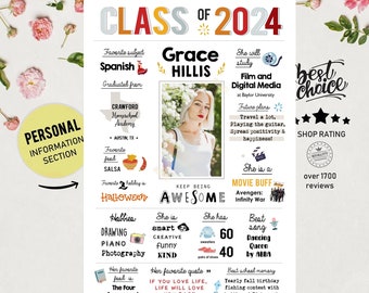 Personalisierte lustige Fakten über Graduierungsideen für die Klasse von 2024 | High School oder College Grad Party Plakat für Mädchen oder Jungen