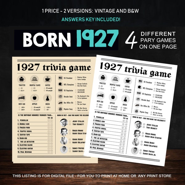 97th Birthday Party Games Printables - Trivia Games Born 1927 - INSTANT DOWNLOAD