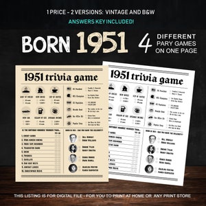 Trivia 74th Birthday Party Games Printables - Trivia Games Born 1951 - INSTANT DOWNLOAD