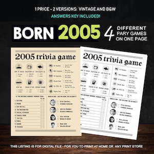 Trivia 20th Birthday Party Games Printables - Trivia Games Born 2005 - INSTANT DOWNLOAD