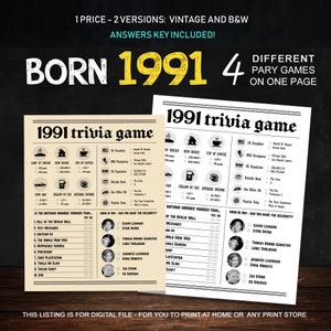 34th Birthday Party Games Printables - Trivia Games Born 1991 - INSTANT DOWNLOAD