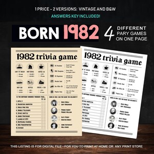 43rd Birthday Party Games Printables - Trivia Games Born 1982 - INSTANT DOWNLOAD