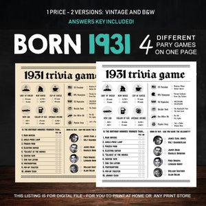 94th Birthday Party Games Printables - Trivia Games Born 1931 - INSTANT DOWNLOAD