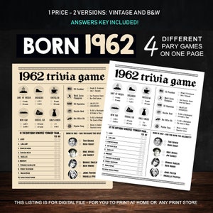 63rd Birthday Party Games Printables - Trivia Games Born 1962 - INSTANT DOWNLOAD