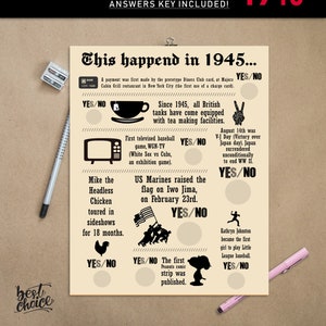 80th Birthday Party Games Printables - Trivia Games Born 1945 - INSTANT DOWNLOAD