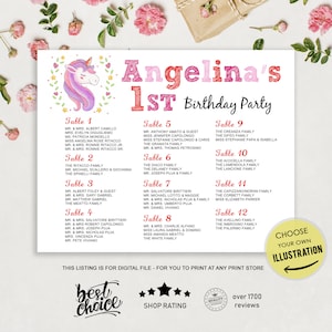 Gepersonaliseerde baby meisje of jongen verjaardag zitplaatsen grafiek Sign-1e verjaardag zitplaatsen grafiek Caterpillar, Princess, Unicorn Cars thema digitale!