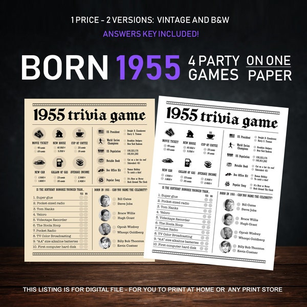 69th Birthday Party Games Printables - Trivia Games Born 1955 - INSTANT DOWNLOAD