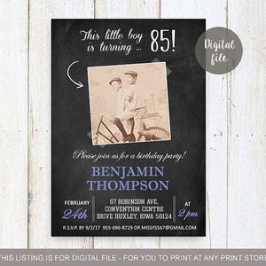 85th Birthday Invitation with picture for men | Chalkboard Photo collage invitation for him grandpa granddad adults veteran | DIGITAL file!