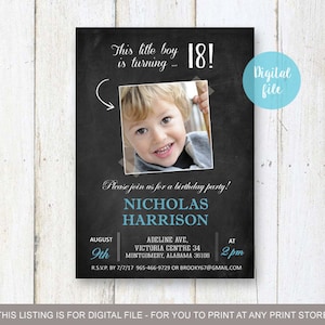 18ème Invitation d’anniversaire avec photo pour les garçons | Personnalisé inviter de photo collage tableau noir pour lui meilleur frère, fils de droit