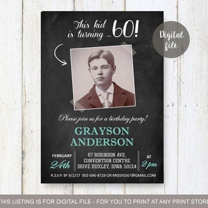 60th Birthday Invitation with picture for men | Chalkboard Photo collage invitation for him grandpa granddad adults veteran | DIGITAL file!