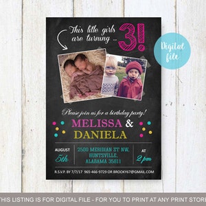 3rd Birthday Invitation for twins | Personalized Chalkboard collage photo invite for twin girls and twin boy - party invite |  DIGITAL file!