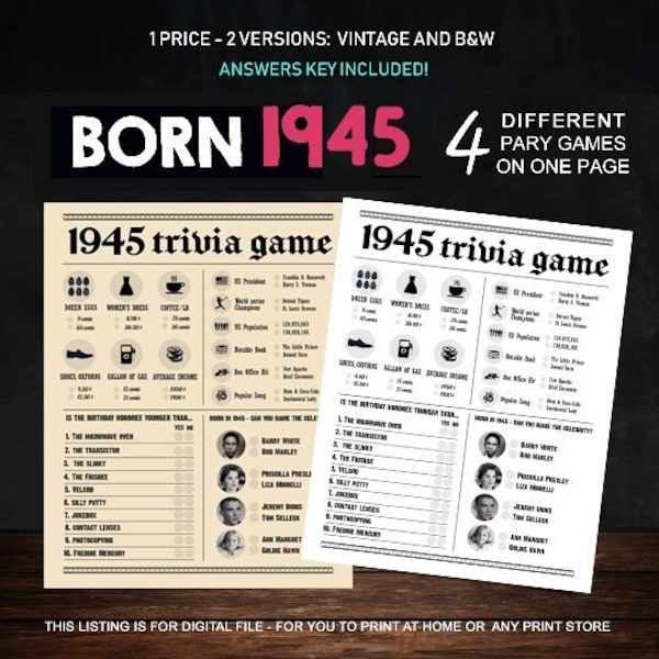 Trivia 79th Birthday Party Games Printables - Trivia Games Born 1945 - INSTANT DOWNLOAD