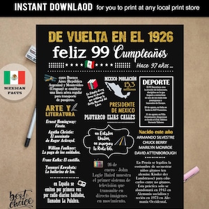 Mexico poster Feliz 99 cumpleaños - Nacido 1926 INSTANT DOWNLOAD