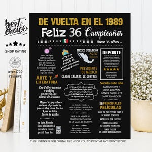 Feliz 36 cumpleaños póster regalo - Nacido 1989 INSTANT DOWNLOAD