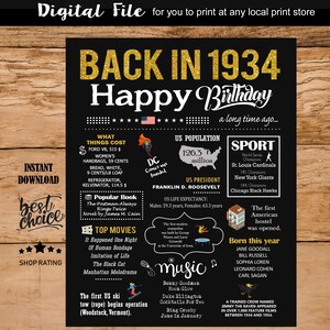 Back in 1934 sign - 91st birthday sign for parents or grandparents - INSTANT DOWNLOAD