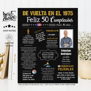 Feliz 50 cumpleaños Póster regalo para esposa y esposo - Nacido 1975 Puerto Rico - DESCARGA INSTANTE