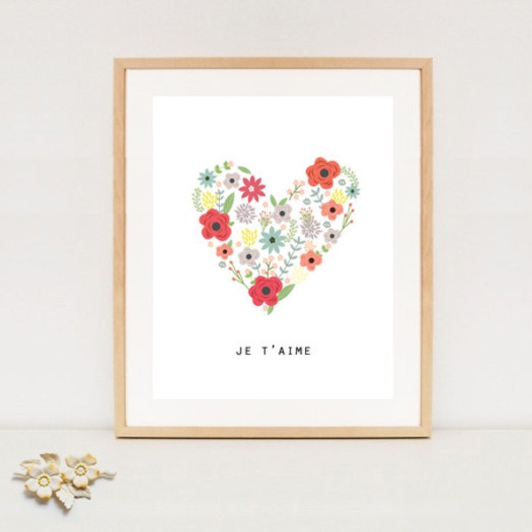 Je t'aime love wall art poster -  Valentines day wall decor - Floral heart illustration I LOVE YOU - Instant download