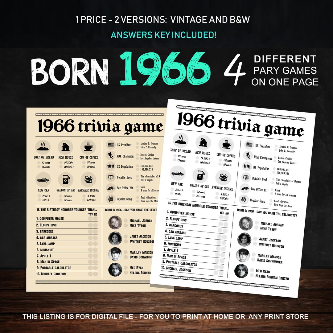 58th Birthday Party Games Printables Trivia Games Born 1966 INSTANT ...