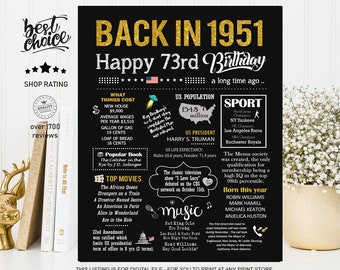 Back in 1951 sign - 73rd birthday gift ideas for grandparents - INSTANT DOWNLOAD