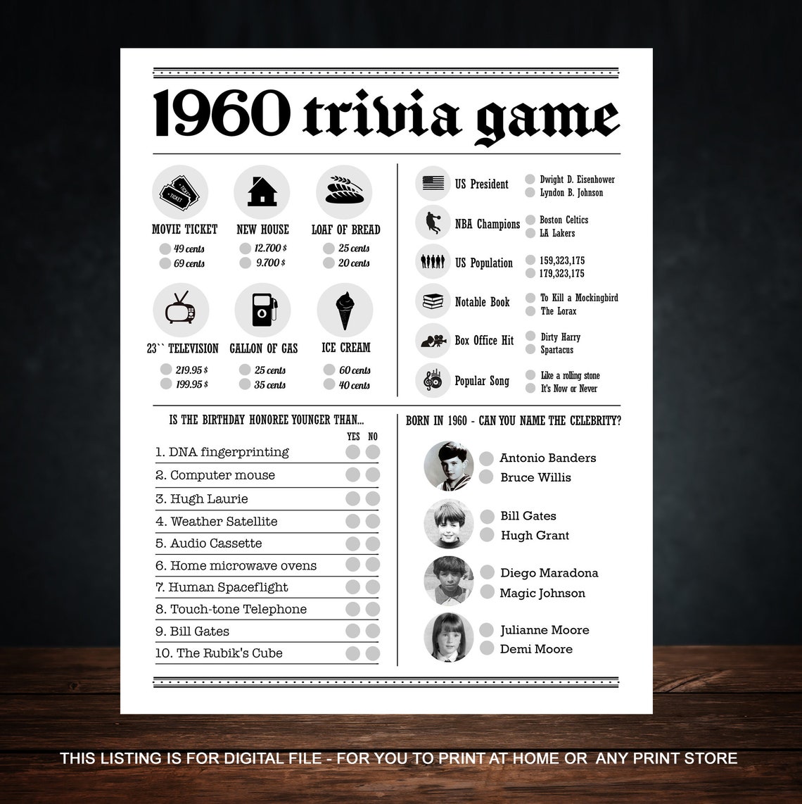 60th Birthday Party Games Printables Trivia Games Born 1960 | Etsy