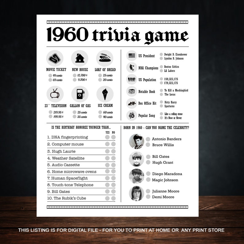 60th Birthday Party Games Printables Trivia Games Born 1960 | Etsy