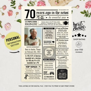 70th birthday idea for him her women men dad husband wife mom - Personalized 70th birthday chalkboard sign - US facts 1953 - DIGITAL file!