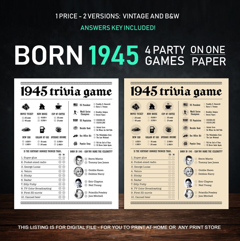 75th Birthday Party Games Printables Trivia Games Born