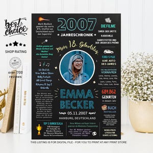 JahresChronik 2007 - 18 Geburtstag Poster - Geschenk zum Geburtstag & Jubiläum - Geschenk für Jungen oder Mädchen