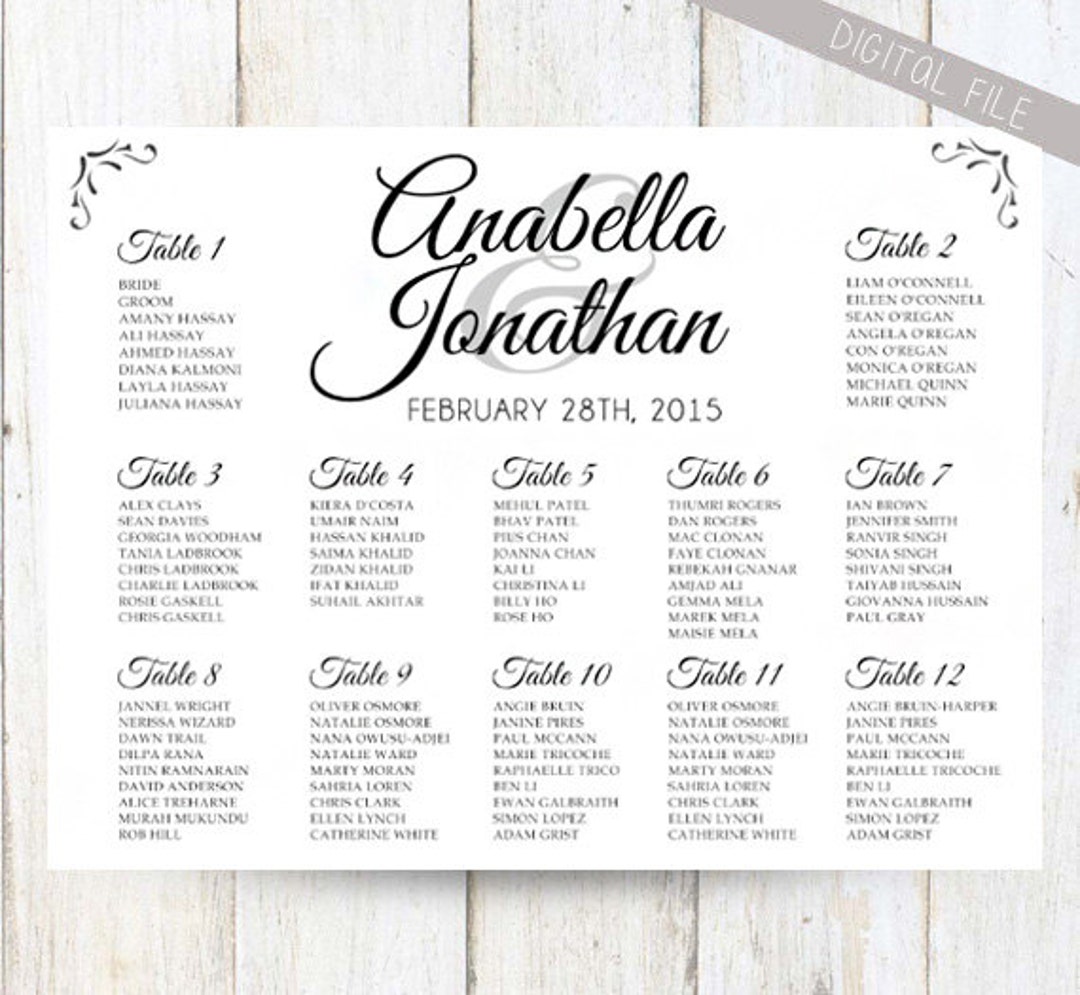 Personalized Calligraphy Wedding Seating Chart Black and - Etsy