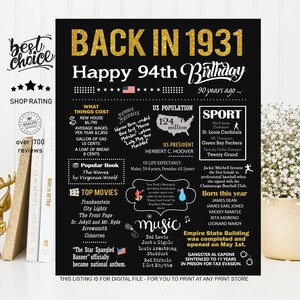 Back in 1931 sign - 94th birthday gift ideas for Men, Women, Wife, Husband -INSTANT DOWNLOAD