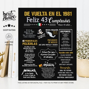 Mexico poster Feliz 43 cumpleaños regalo para esposa y esposo - Nacido 1981 INSTANT DOWNLOAD