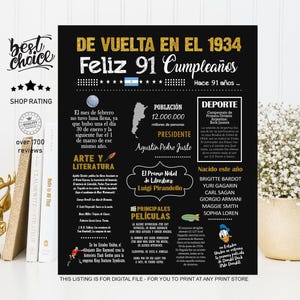 Feliz 91 cumpleaños poster regalo - Nacido 1934 Argentina que paso - INSTANT DOWNLOAD
