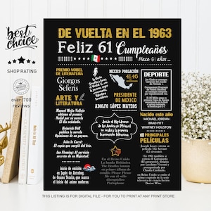 Mexico Feliz 61 cumpleaños poster regalo para esposa en esposo - Nacido 1963 INSTANT DOWNLOAD