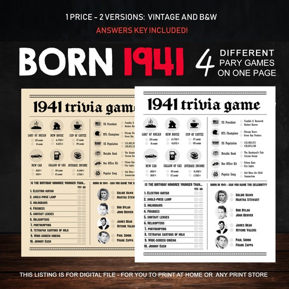 82nd Birthday Party Games Printables Trivia Games Born 1941 - Etsy