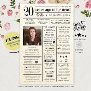 Personalized 20th Birthday Poster for Son, Boy, Girl or Daughter - Back in 2005 Newspaper sign - 20th Birthday Gift Ideas for Him or Her