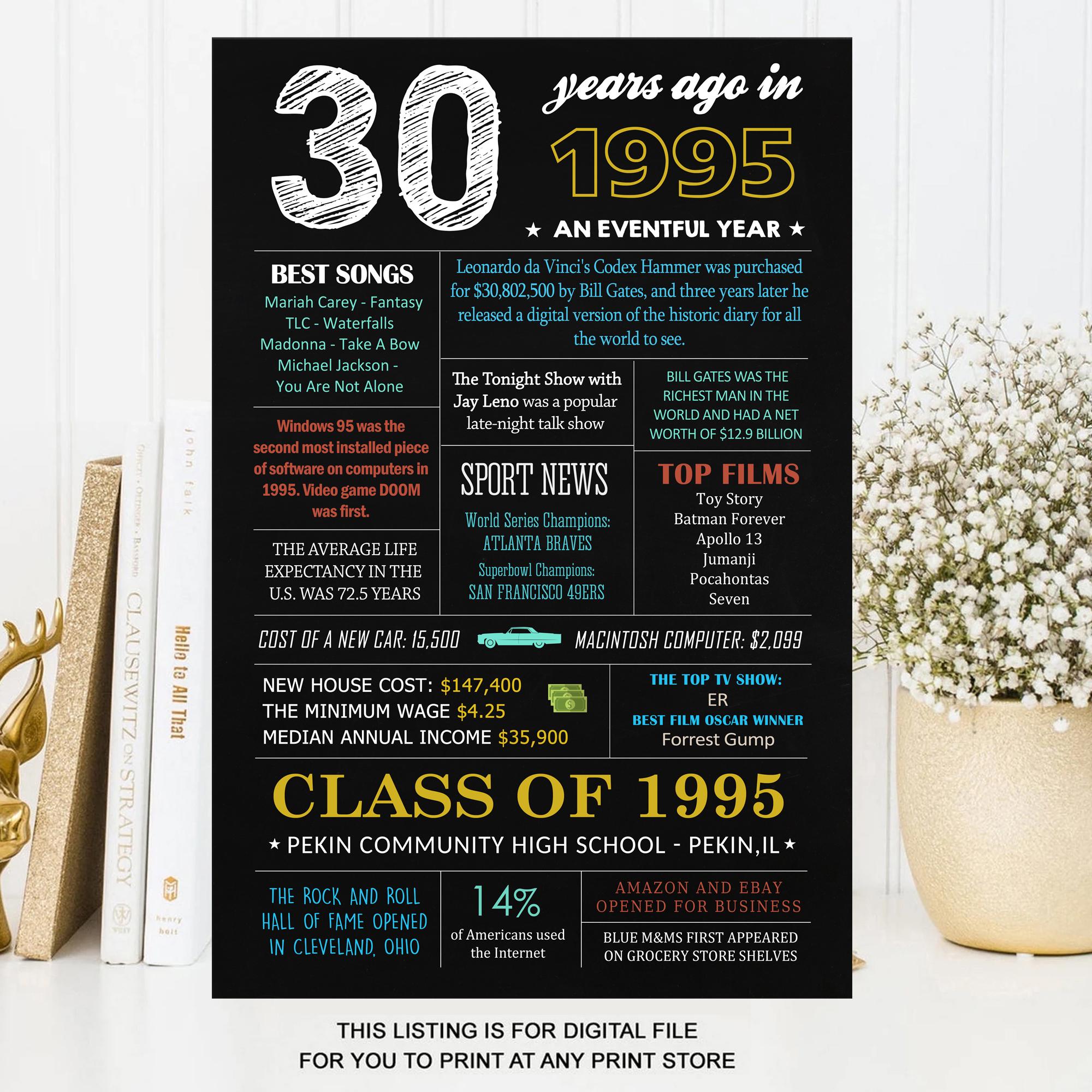 Class of 1995 - 30th High School Reunion - Graduated in 1995 USA facts - DIGITAL jpg FILE!