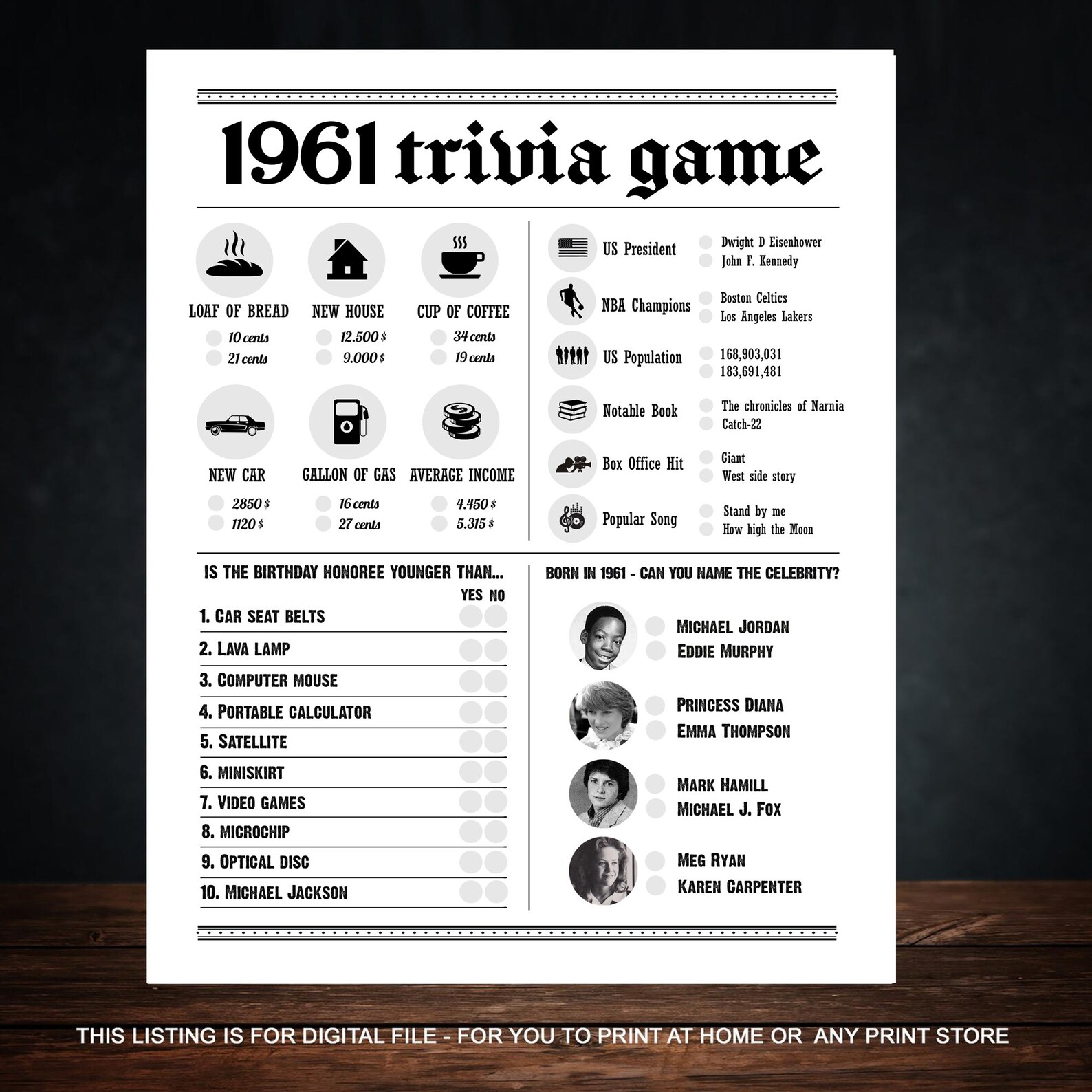 60th Birthday Party Games Printables Trivia Games Born 1961 | Etsy