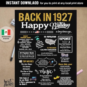 Back in 1927 sign - 98th birthday gift ideas for man or woman - INSTANT DOWNLOAD