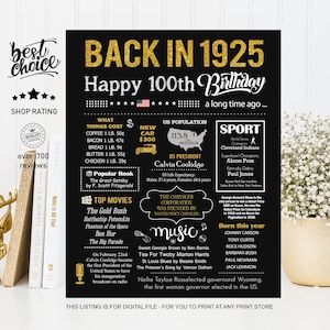 Back in 1925 sign - 100th birthday gift ideas for parents, grandparents - INSTANT DOWNLOAD