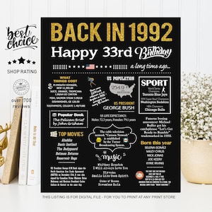Back in 1992 sign - 33rd birthday gift ideas for him or her - INSTANT DOWNLOAD