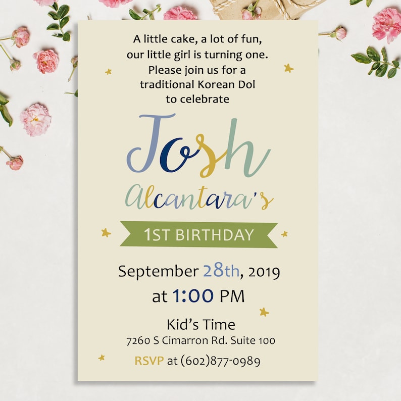 blue turquoise yellow Korean Boys or Girls First Birthday INVITATIONS DIGITAL file! 1st birthday invitation Korean party invitation