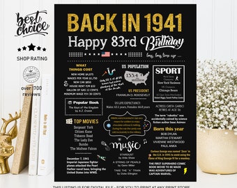 Back in 1941 gift sign - 83rd birthday sign for Men or Women - INSTANT DOWNLOAD